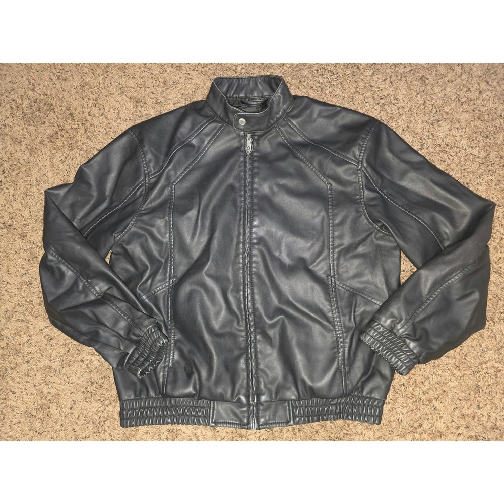 Hollister Men Black Faux Leather Bomber Jacket Hollywood USA Eagle Graphic M NEW